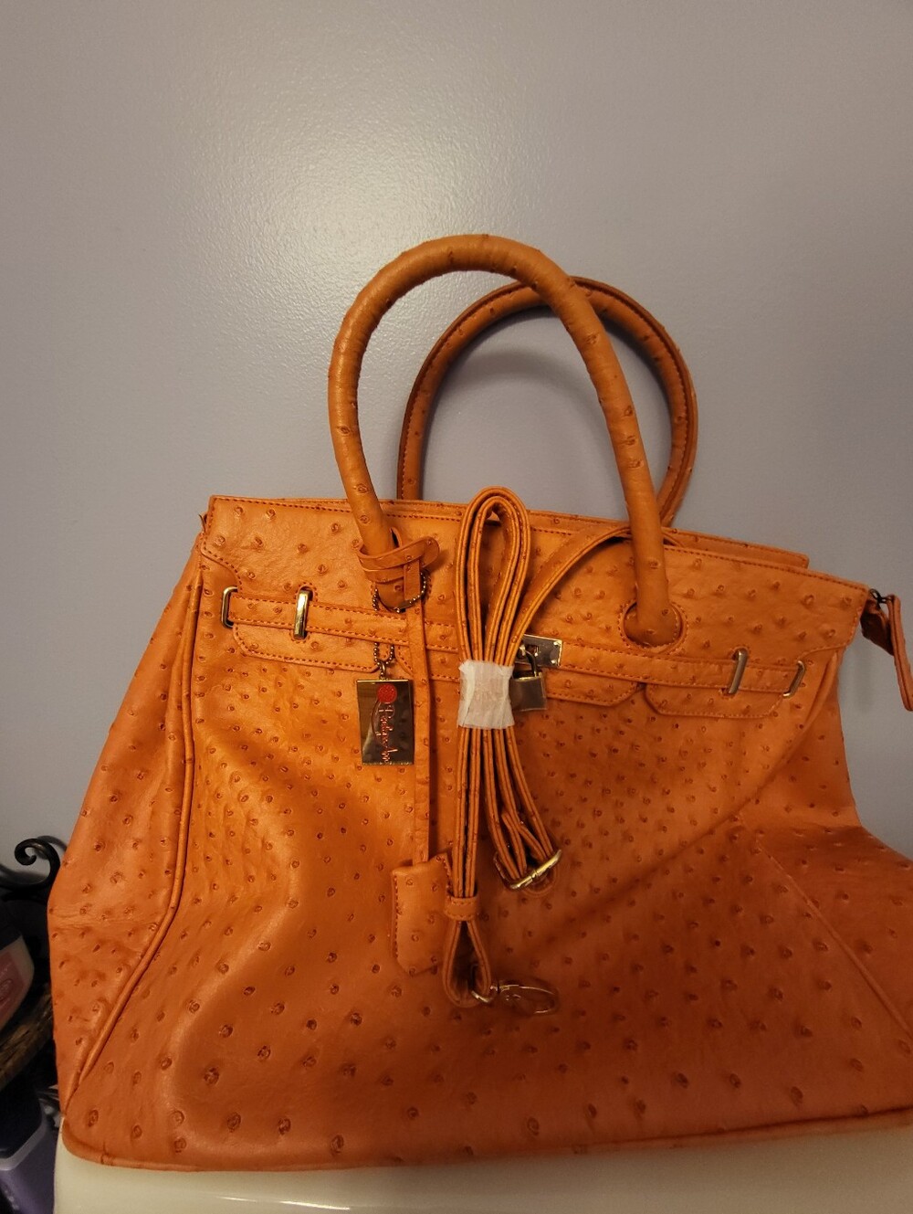 NWOT Penelope Ann 14.5x12x6  Orange Ostrich-Texture Top-Handle Tote Bag